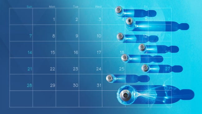 Illustration of drug‑delivery components aligned over a calendar, representing project planning and device development timelines.