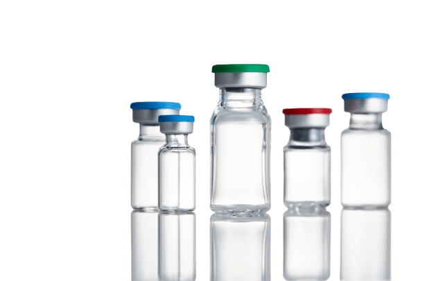 various sized vials with blue, green and red seals